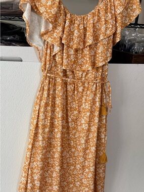 Mustard Yellow Floral Ruffle Maxi Dress